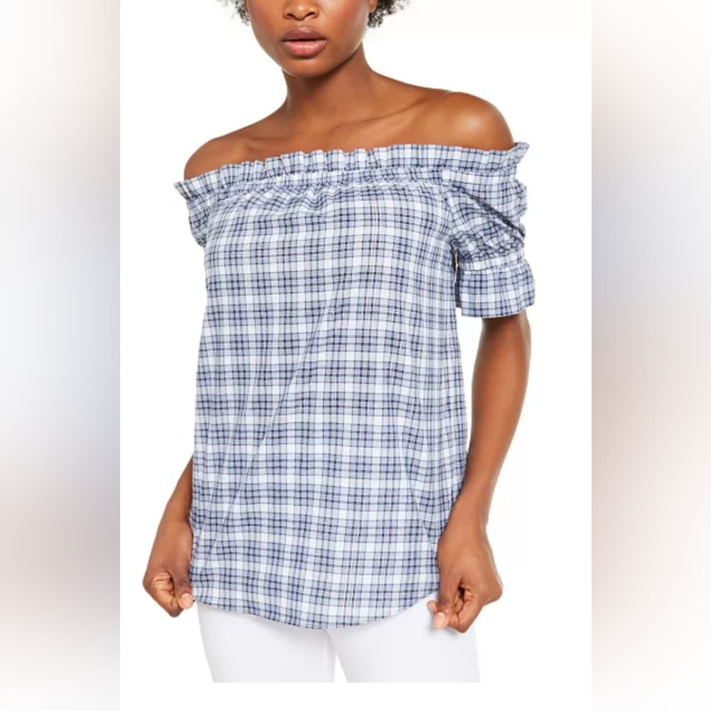 Michael Kors Off the Shoulder Plaid Blue & White Cotton Blouse Size PM